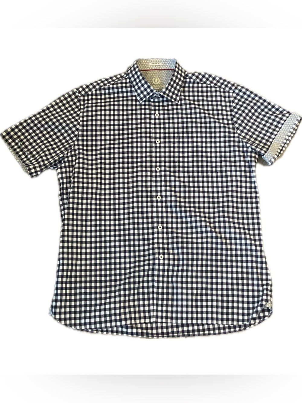 **Bugatchi Uomo Navy & White Gingham Shaped fit Short Sleeve Button down shirt.